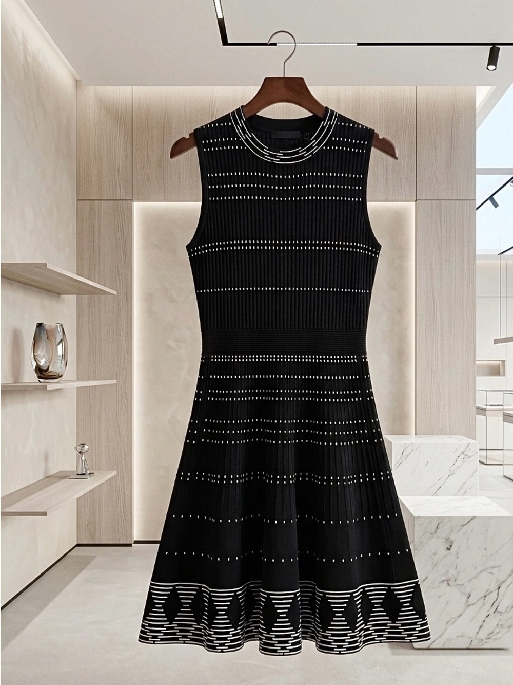 kate spade Black Sleeveless Knit Fit-and-Flare Dress with White Contrast Pattern